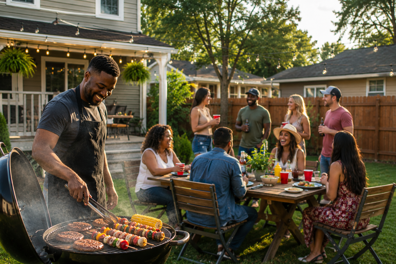 Friends enjoying a backyard BBQ at a residential home